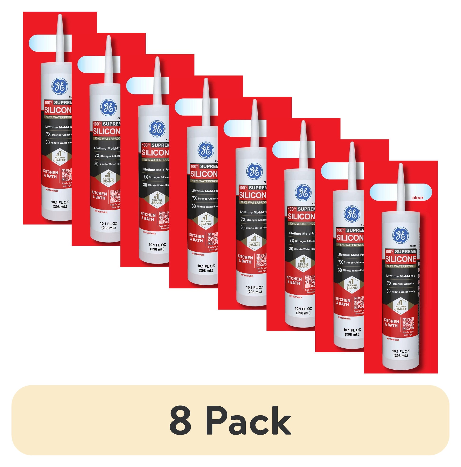 (8 pack) GE Supreme Silicone Kitchen & Bath Sealant, Pack of 1, Clear 10.1 fl oz Cartridge