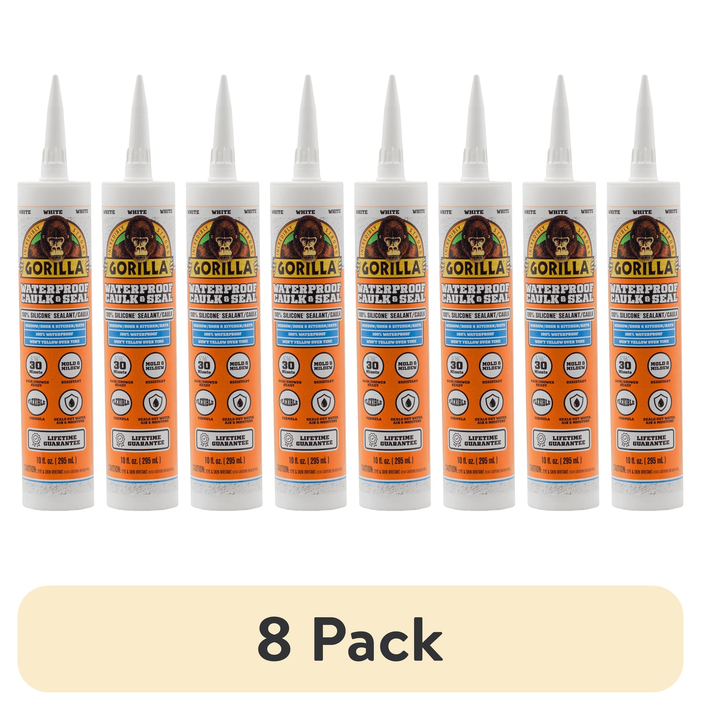 (8 pack) Gorilla Waterproof Caulk & Seal Silicone Sealant, 10oz Cartridge - White Caulking Sealant for Kitchen, Window, Bath, Marine, Door and More