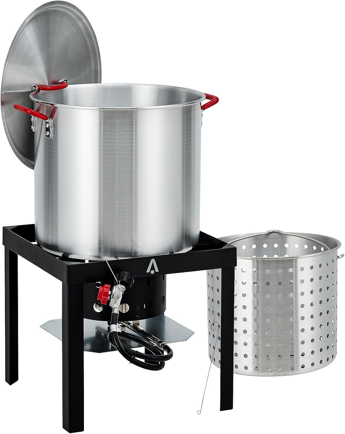 80 Qt Seafood Boiling Kit with Strainer, Outdoor Seafood Boil Pot and Strainer Basket with 110,000 BTUs Propane Burner and 10 PSI regulatored  for Outdoor Cooking Seafood Crawfish, Crab, Shrimp