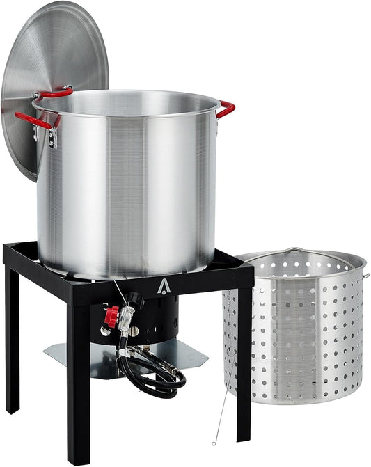 80 Qt Seafood Boiling Kit with Strainer, Outdoor Seafood Boil Pot and Strainer Basket with 110,000 BTUs Propane Burner and 10 PSI regulatored  for Outdoor Cooking Seafood Crawfish, Crab, Shrimp