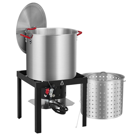 80 Qt Seafood Boiling Kit with Strainer, Outdoor Seafood Boil Pot and Basket with 100,000 BTUs Propane Burner and 10 PSI Regulator