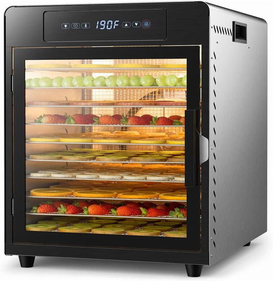 800W Food Dehydrator | Large 10 Stainless Steel Trays | Digital Adjustable 190°F Temperature& 24H Timer, Versatile Drying Machine for Jerky Herbs Fruit Mushrooms Yogurt, Built-in Light