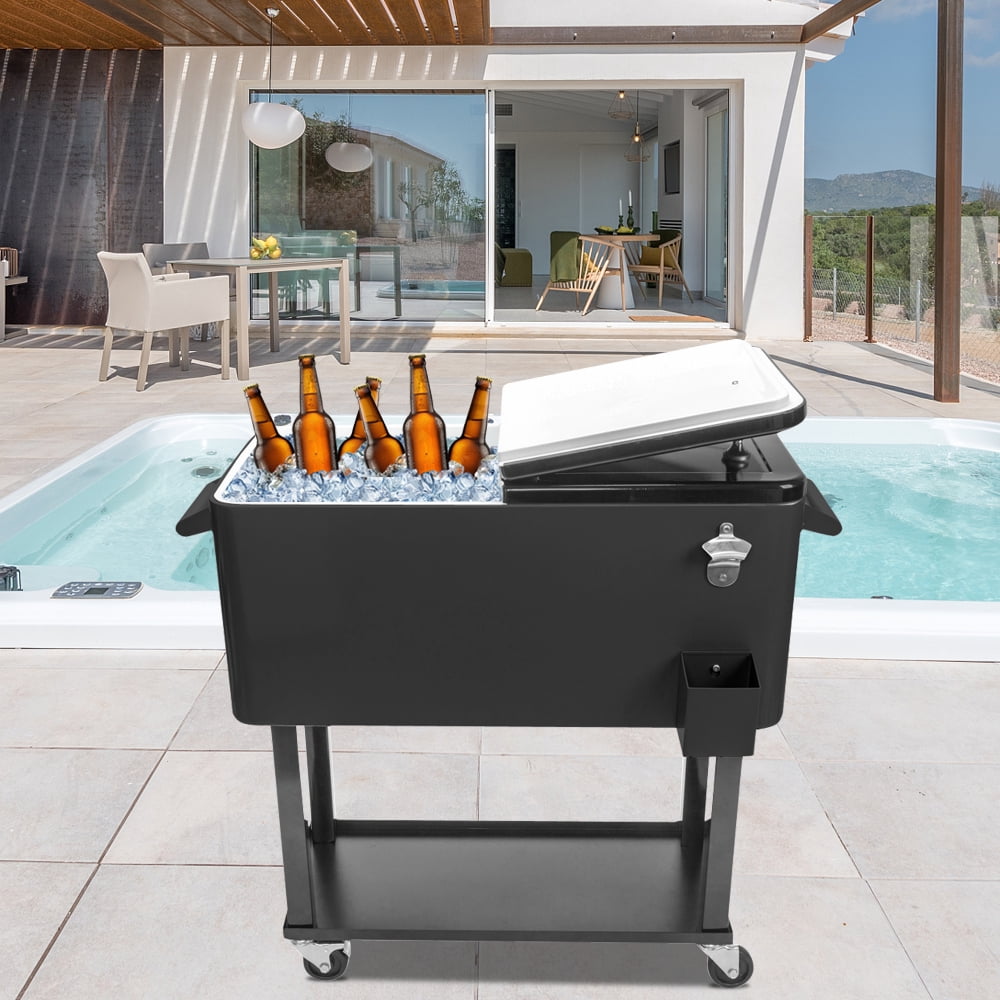 80Qt Freezer Incubator Cart, Movable Refrigerated Heat Preservation Trunk, Rolling Cooler Camper Storage Freezer with Bottom Tray Drain Pipe 2 Locking Casters and Bottle Opener, Frozen Drink Trunk