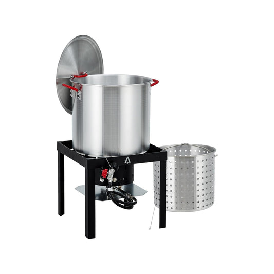 80Qt Seafood Boil Pot,11,0000 BTU Aluminum Outdoor Seafood Boil Kit, Seafood Boil Pot with Strainer Basket, Propane Stove Burner for Outdoor Cooking Seafood Shrimp, Crab, Crawfish