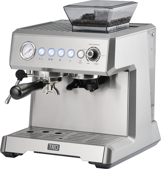 Tru All-in-One Espresso Maker with Grinder and Steam Wand by Select Brands - Premium Espresso Machine with Coffee Grinder - Features Steam Controls, Removable Water Tank & Cup Warming Plate
