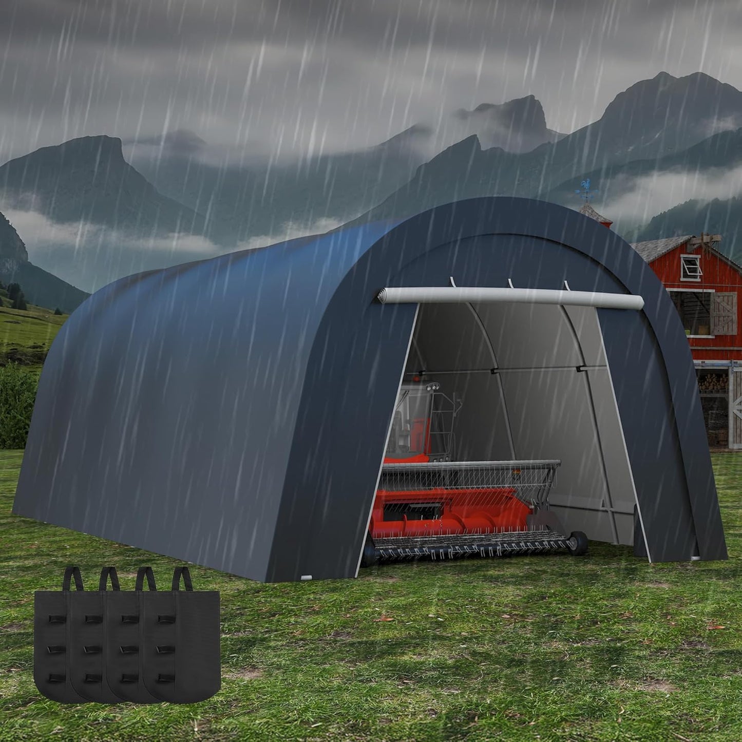 FansaFurn Domed Carport with 4 Cloth Bags, Portable Garage with 2 Roll-up Doors, Heavy Duty Car Canopy Party Tent, All-Season Storage Shelter Shed for Boat, Truck, or Garden Tools, 12' x 25'