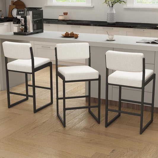Mid Century Modern Counter Height Bar Stools Set of 3, 26" Bar Height Chairs with Backs, Upholstered Counter Stools, Metal Barstools for Kitchen Island (Beige- Fabric, 26" H - Set of 3)