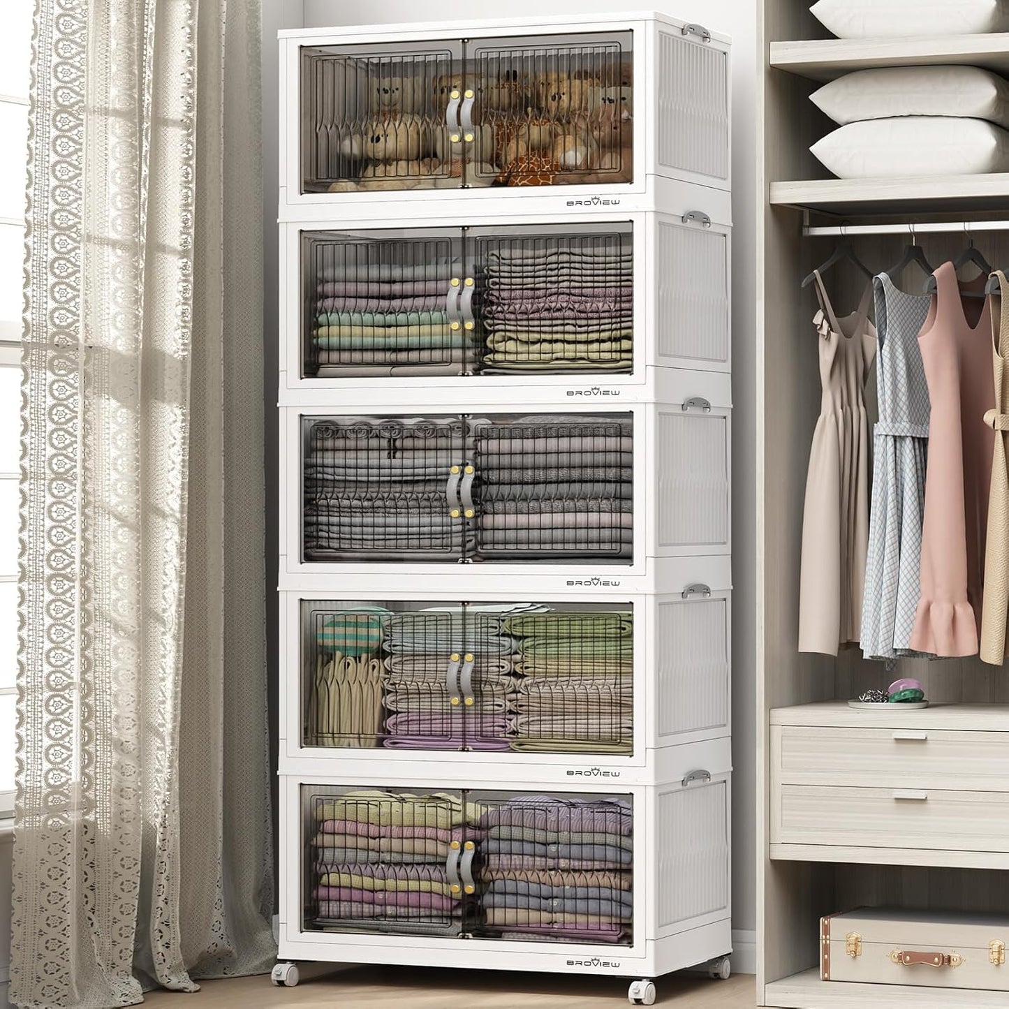 BROVIEW 600Qt Stackable Storage Bins with Lid, Extra Large Closet Organizer Collapsible Drawer Boxes with Wheels, Folding Plastic Cabinet Containers for Home Kitchen Room Organization, 5Pack White