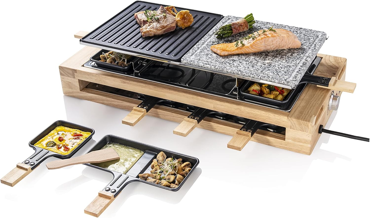 Bestron XL Raclette Grill, elektrisches Party-Raclette-Grill für bis zu 8 Personen, mit Naturgrillstein- & antihaftbeschichtete Grillplatte, inkl. großes Pfännchen-Set, 1500 Watt, Holzdesign