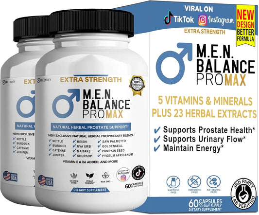 GREENVIFY M.E.N. Balance Pro Max, Extra Strength Prostate Support Supplement, Natural Herbal Blend with Saw Palmetto, 60 Capsules (2)