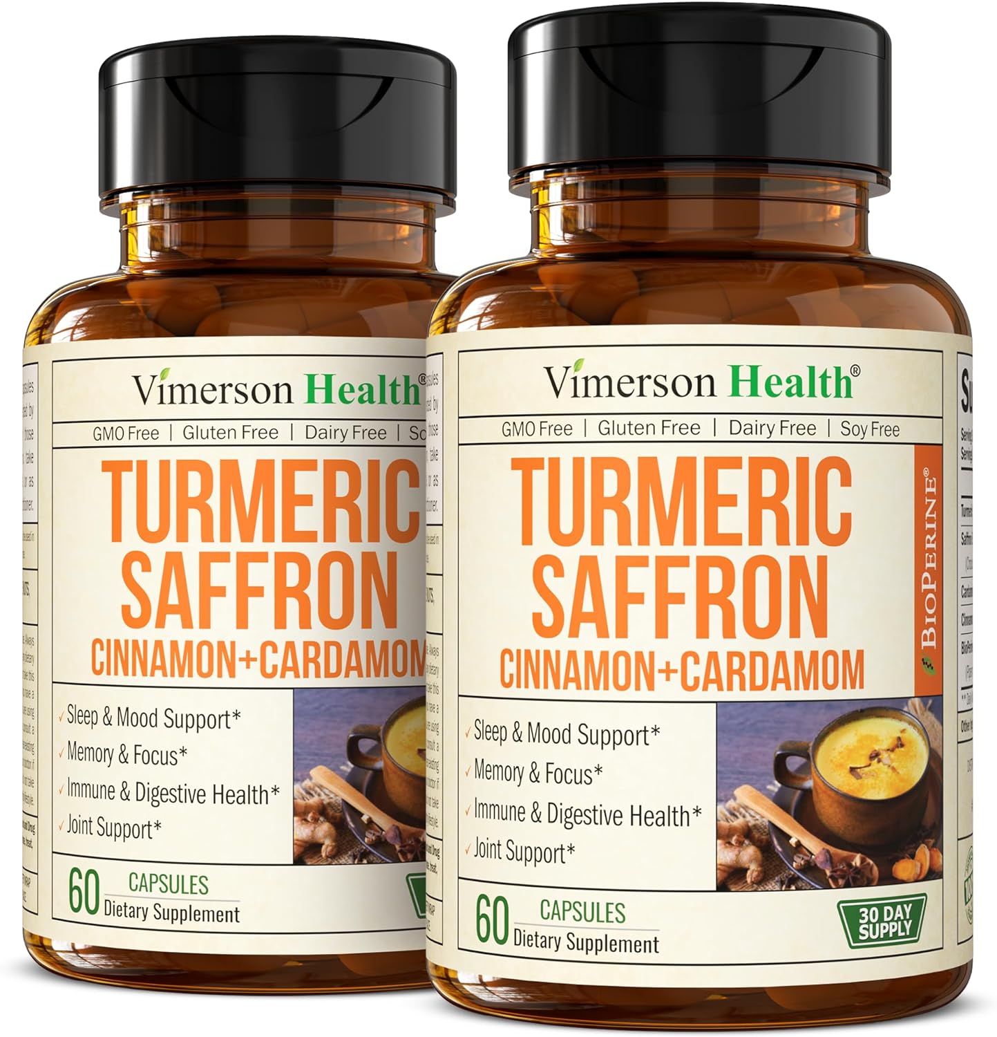 Saffron Supplements - 89mg Saffron Extract Turmeric Supplement with Black Pepper, Ceylon Cinnamon and Cardamom for Mood & Memory, Eye Health - Joint Supplements for Women & Men - 120 Capsules - 2 Pack