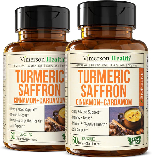 Saffron Supplements - 89mg Saffron Extract Turmeric Supplement with Black Pepper, Ceylon Cinnamon and Cardamom for Mood & Memory, Eye Health - Joint Supplements for Women & Men - 120 Capsules - 2 Pack