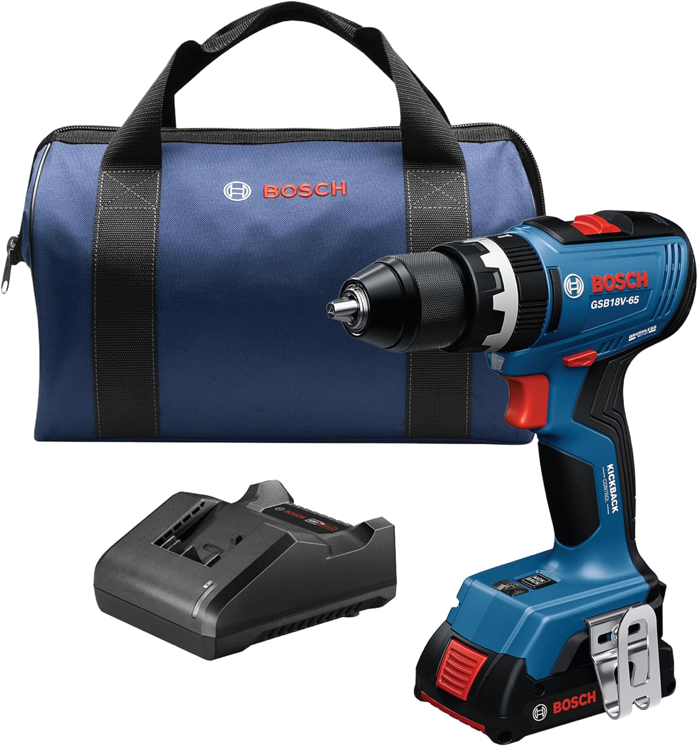 BOSCH GSB18V-65B12 1/2 In. Brushless Hammer Drill/Driver Kit - 575 In.-Lbs. Max Torque, Switchable KickBack Control, Rapid Mode Selector, Dual LED Worklights, Battery and Charger Kit Included