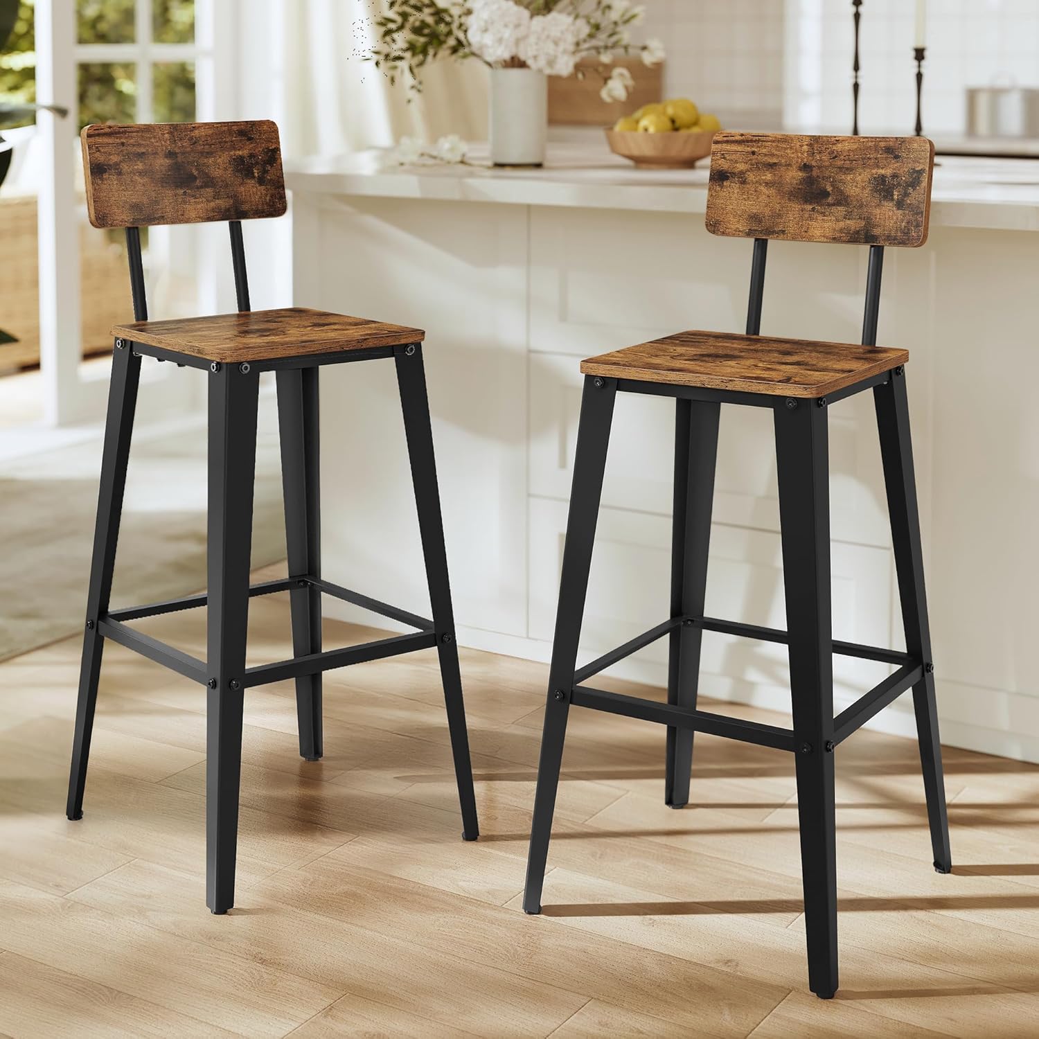 VASAGLE Set of 2 Bar Stools, Bar Height Stools, 29.1 Inches Tall Barstools with Back, Counter Bar Chairs for Kitchen Island, Steel Frame, Industrial Style, Easy Assembly, Rustic Brown and Ink Black