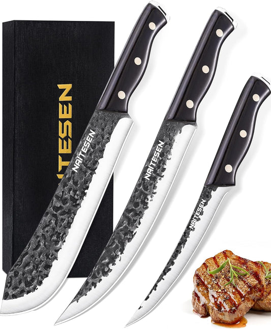 Professional Butcher Knife Set 3, Bullnose Meat Carving knife Breaking Knife Boning Knife Hand Forged Very Sharp for Meat Cutting Home Kitchen Cooking BBQ Gifts for Men Women