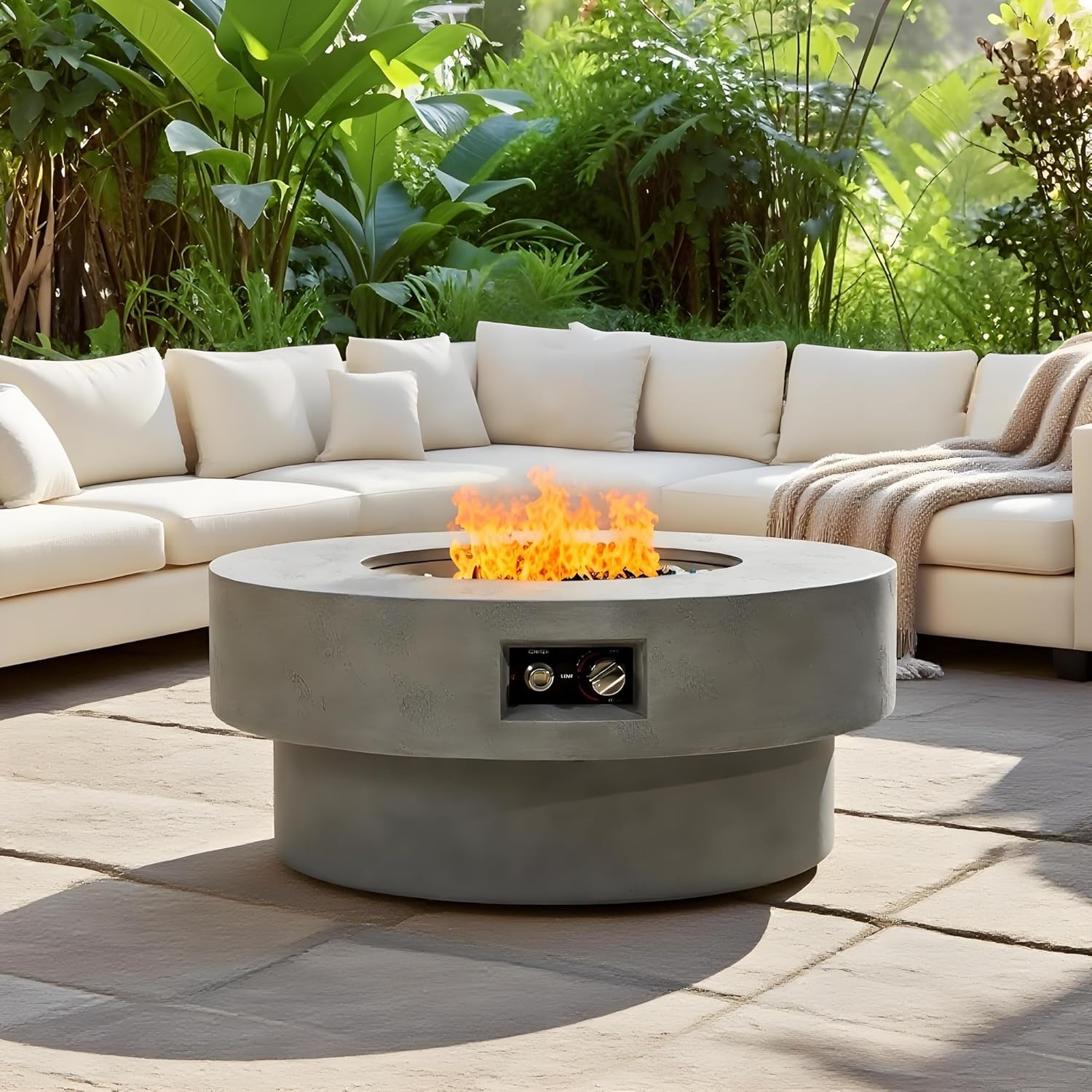 34-inch Round Propane fire Pit Table, 50,000BTU Outdoor firepit Table for Outside Patio w/Round Burner Lid, Glass Rocks, Cover