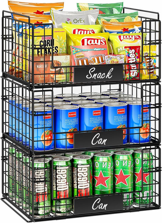JKsmart 3 Pack XXL Stackable Wire Baskets with Handles for Pantry Storage and Organization, Fruit and Vegetable Basket with Name Plates, Metal Storage Bins for Snack Can Fruit Veggies, XXL