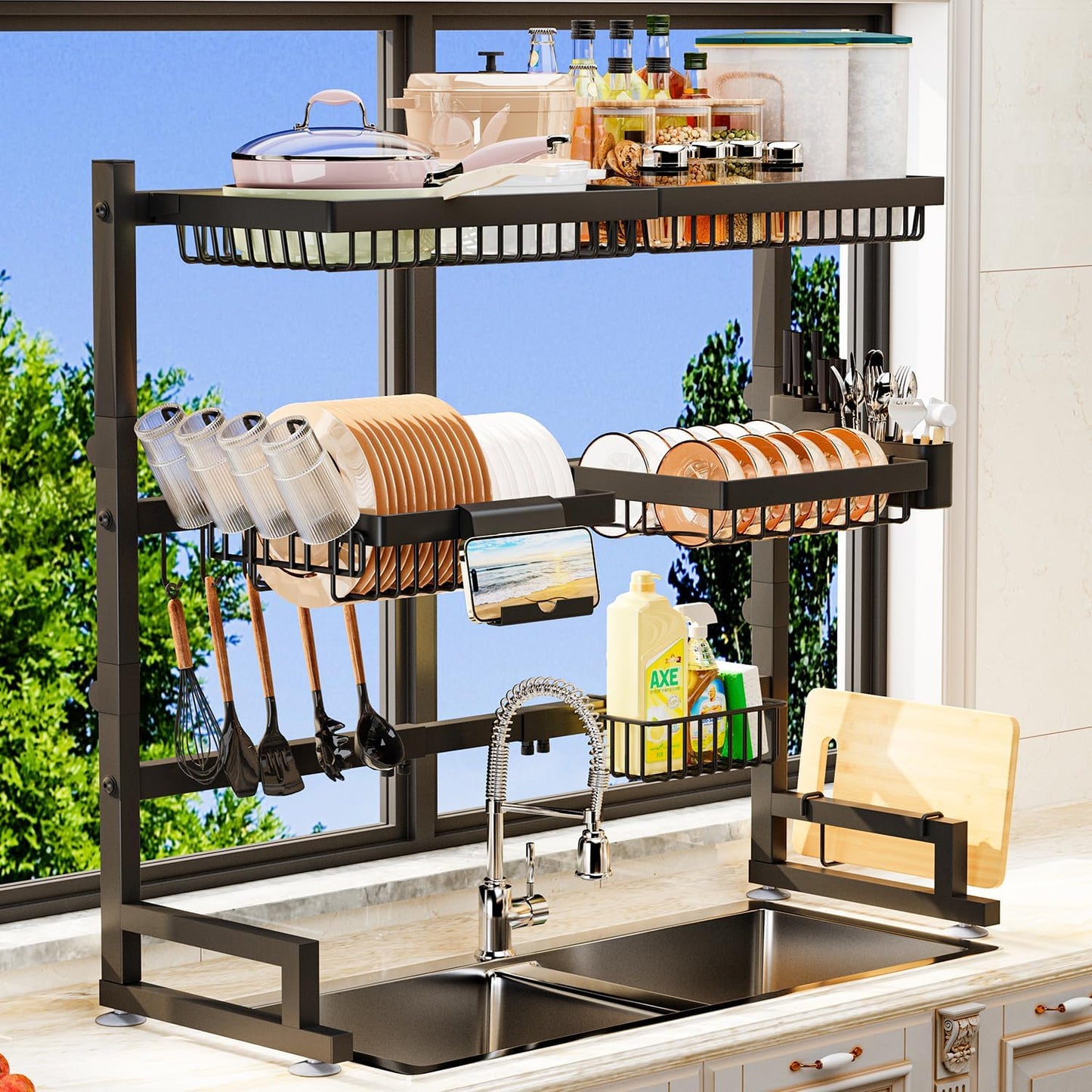 ilvvan Over The Sink Dish Drying Rack 27-40L x 12W x 32.5-37H (inches) (Expandable Height and Length) Snap-On Design 2 Tier Large Dish Rack