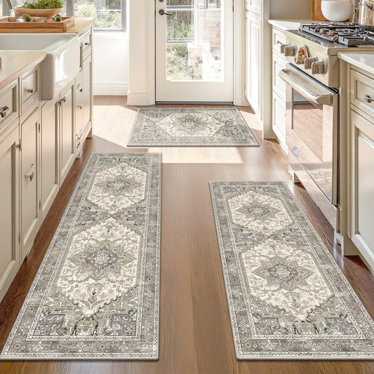 Yamaziot Boho Washable Kitchen Rugs Sets of 3, Non Slip Kitchen Mats for Floor with Rubber Backing, Waterproof & Stain Resistant Carpet Runner Throw Rug for Kitchen, Laundry Room, Hallway, Beige Grey