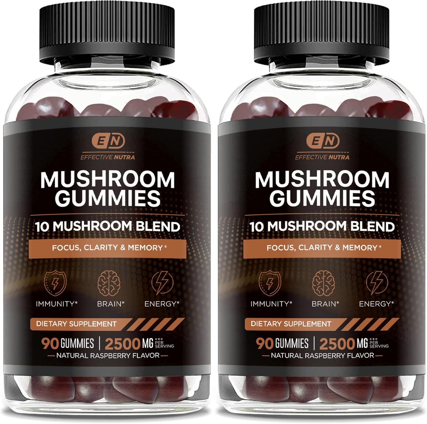 EFFECTIVE NUTRA Mushroom Gummies 2500mg | 10 Blend w\/Lions Mane, Reishi, Chaga, Cordyceps & More | Focus, Memory, Immunity, Energy | Natural Berry Flavor Supplement | Vegan, Made in USA (2-Pack)