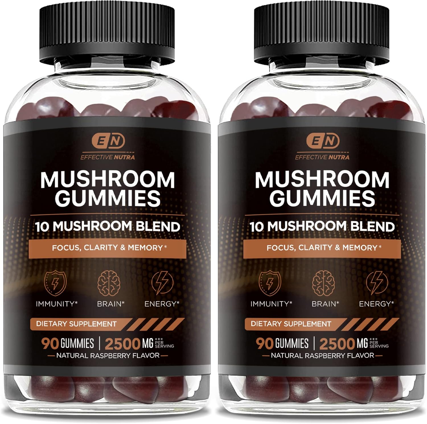 EFFECTIVE NUTRA Mushroom Gummies 2500mg | 10 Blend w\/Lions Mane, Reishi, Chaga, Cordyceps & More | Focus, Memory, Immunity, Energy | Natural Berry Flavor Supplement | Vegan, Made in USA (2-Pack)