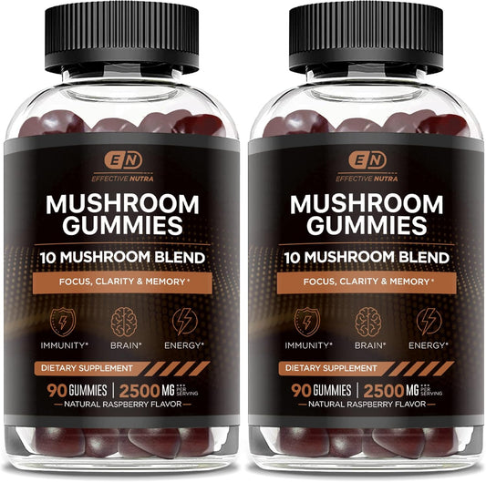 EFFECTIVE NUTRA Mushroom Gummies 2500mg | 10 Blend w\/Lions Mane, Reishi, Chaga, Cordyceps & More | Focus, Memory, Immunity, Energy | Natural Berry Flavor Supplement | Vegan, Made in USA (2-Pack)