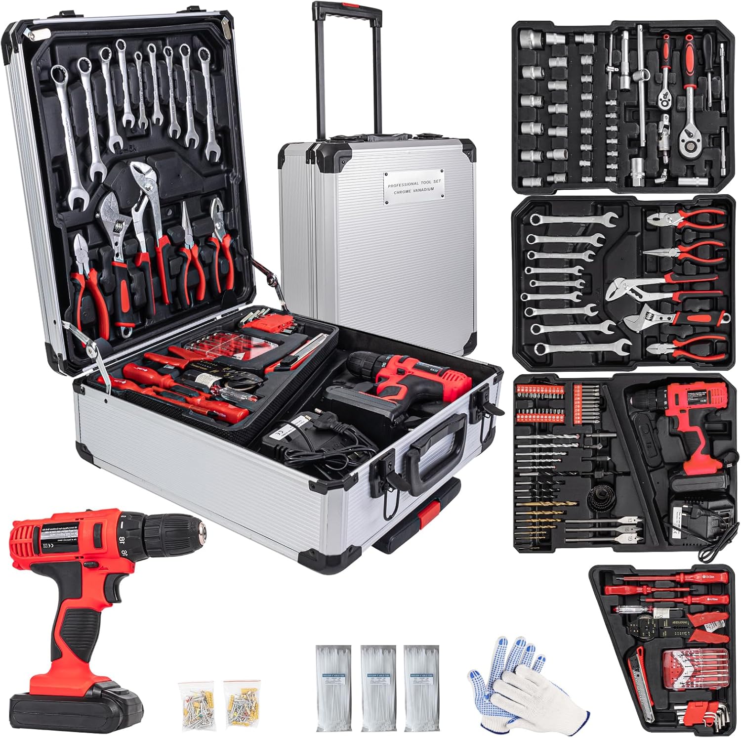 346Pcs Tool Sets, 18V Electric Power Drill Set for Men, Household Home DIY Hand Tool Kits,18+1 Clutch Cordless Power Drill Set for Thanksgiving, Christmas,Father's Day (Silver)
