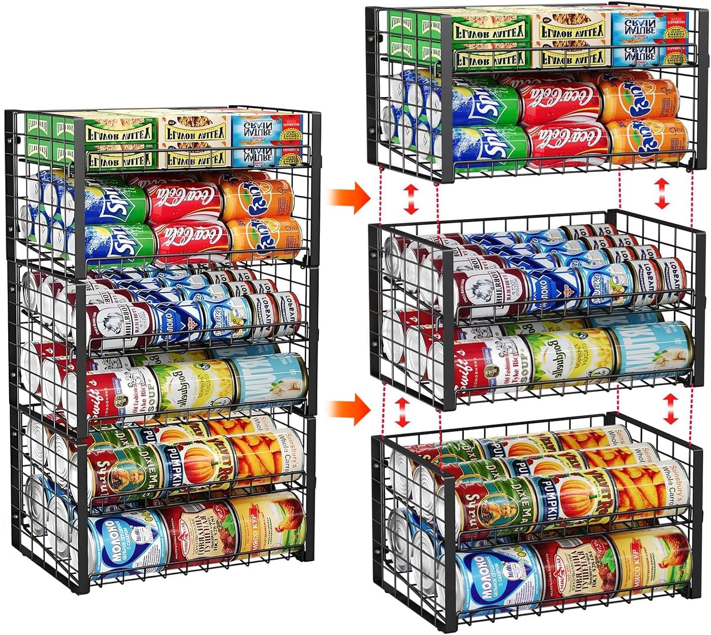 JKsmart 2-Tier Stackable Rack Organizer for Pantry, Adjustable Dispenser Holds Up to 90 Cans, Storage Holder for Various Ounces of Canned Drinks, Black, 3 Pack