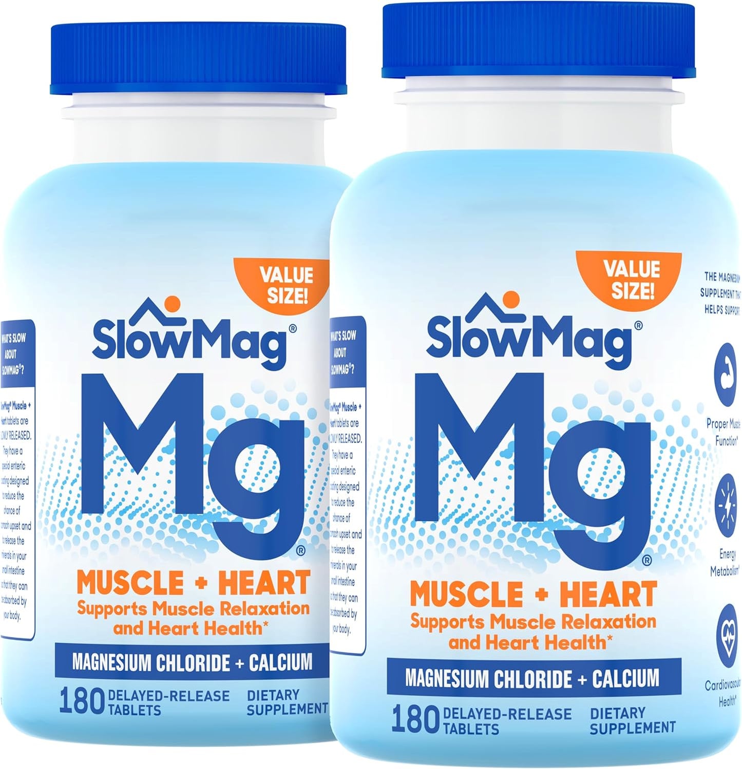 SlowMag Muscle & Heart Magnesium Chloride Supplement with Calcium, 180 Count, Supports Muscle Relaxation, Heart, Nerve & Bone Health, High Absorption (Pack of 2)