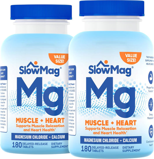 SlowMag Muscle & Heart Magnesium Chloride Supplement with Calcium, 180 Count, Supports Muscle Relaxation, Heart, Nerve & Bone Health, High Absorption (Pack of 2)