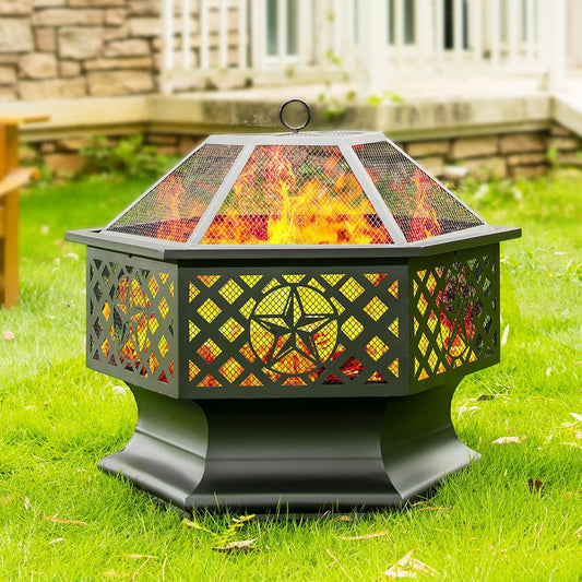 28 Inch Hex-Shaped Fire Pit,Wood Burning Fire Pits for Outside with Spark Screen&Poker,Metal Hexagon Outdoor Firepit for Backyard,Bonfire,Patio,Party,Garden,Picnic and Camping(28'' Black)