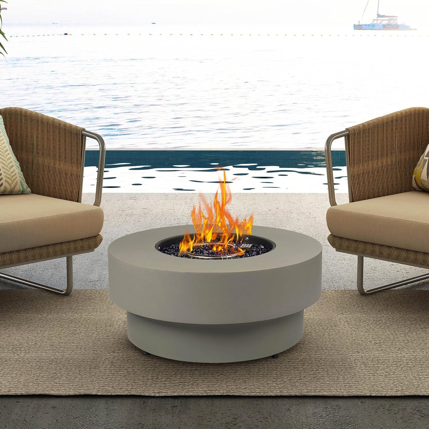 Propane Outdoor Fire Pit Table, Flint & Concrete Look 32.5-inch Round Patio Propane Fire Table 50,000 BTU w\/Lid, Glass Rocks, Cover, Pre-Attached 10ft Hose