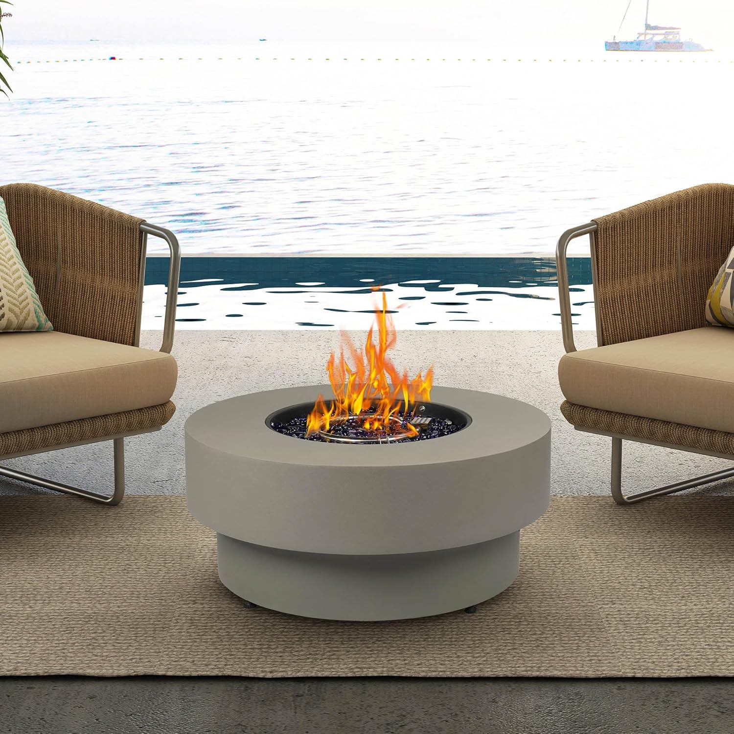 Propane Outdoor Fire Pit Table, Flint & Concrete Look 32.5-inch Round Patio Propane Fire Table 50,000 BTU w\/Lid, Glass Rocks, Cover, Pre-Attached 10ft Hose