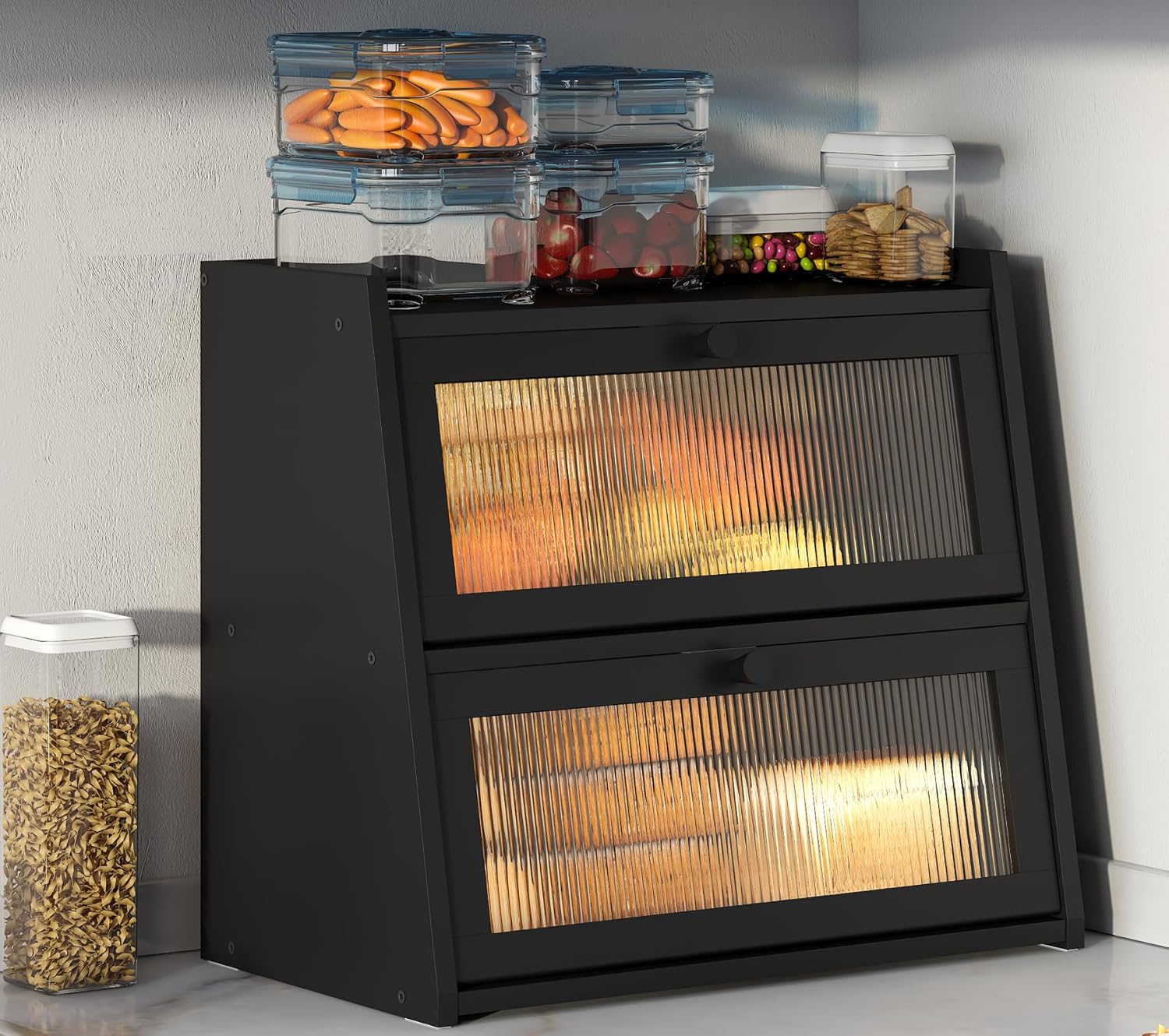 viewcare Black Bread Box, Double Layer Large Bread Box for Kitchen Counter, Bamboo Bread Storage Container with Wavy Acrylic Transparent Door