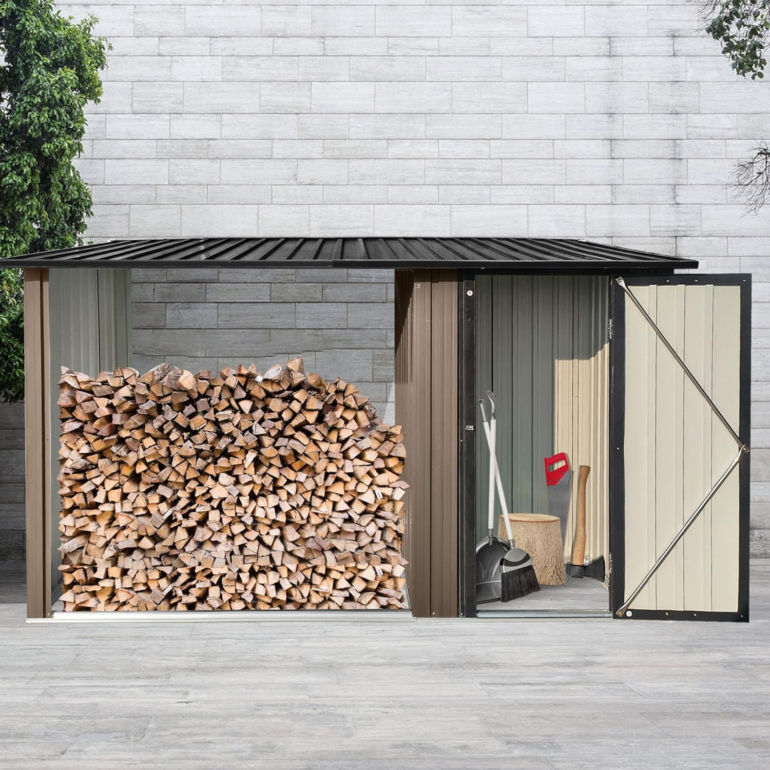 Firewood Rack Outdoor Metal Storage Shed, Firewood Shed with Sloped Roof & Open Woodshed Design, Firewood Storage for Motorcycle Bicycles