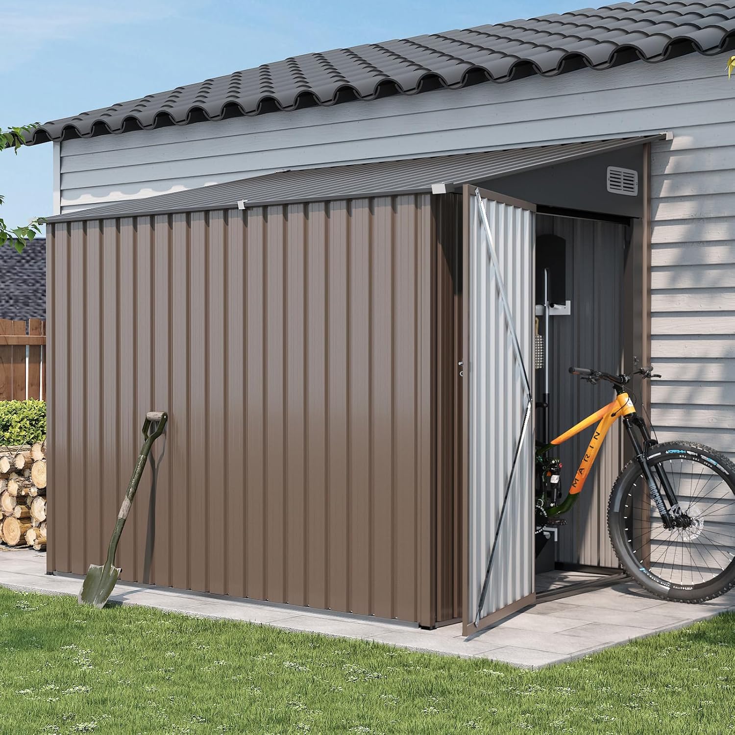 Breezestival 7'x5.5' Lean to Shed Large Storage Room Galvanized Steel Storage Sheds with Side Door Waterproof Utility Shed with Sloped Roof for Mower, Bike, Garden Tools (Brown)