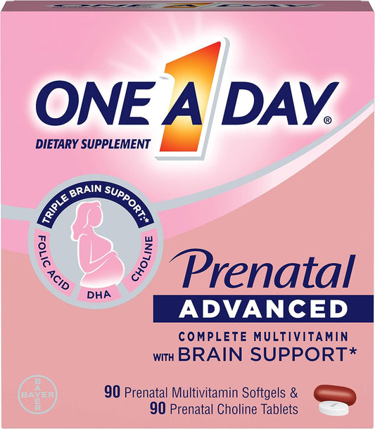 One A Day Women’s Prenatal Advanced Complete Multivitamin with Brain Support* with Choline, Folic Acid, Omega-3 DHA & Iron for Pre, During and Post Pregnancy, 90+90 Count, (180 Count Total Set)