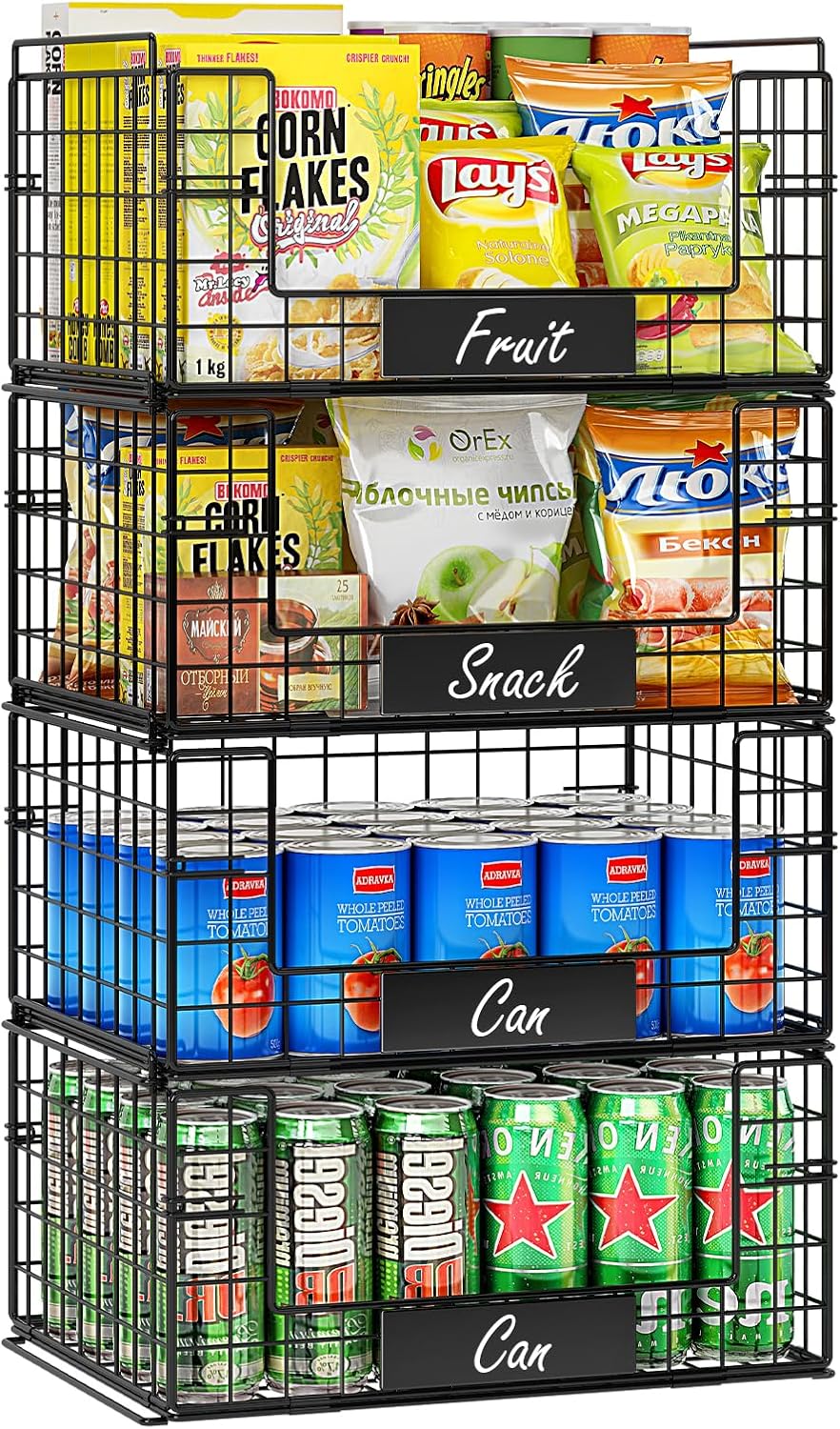 JKsmart 4 Pack XXL Stackable Wire Baskets with Handles for Pantry Storage and Organization,Fruit and Vegetable Basket with Name Plates,Metal Storage Bins for Snack Can Fruit Veggies