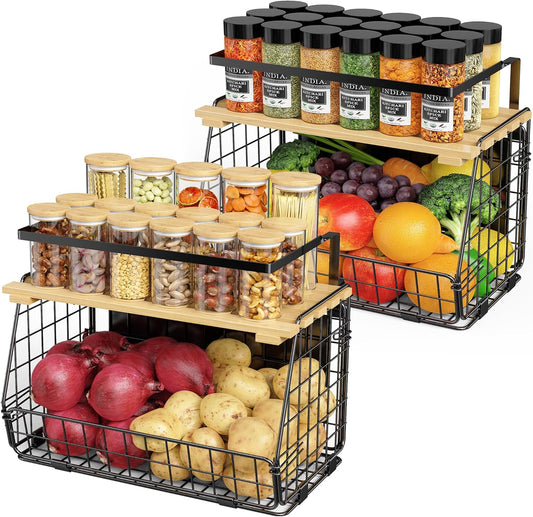 GGIU Magnetic Shelf for Fridge with Wood Lid: 2 Pack Fruit Potato and Onion Storage Bin - Magnetic Spice Rack for Refrigerator & Kitchen Counter - Pantry Organizers and Storage