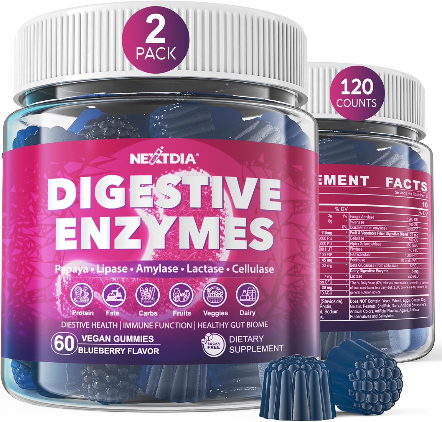 Digestive Enzymes for Women & Men Gummies w\/ Probiotics, Papaya, Bromelain, Ginger - Bloating Relief & Gut Health Chewable Supplement Digest Proteins Dairy Carbs Veggies Fats, Sugar Free Vegan, 120Cts