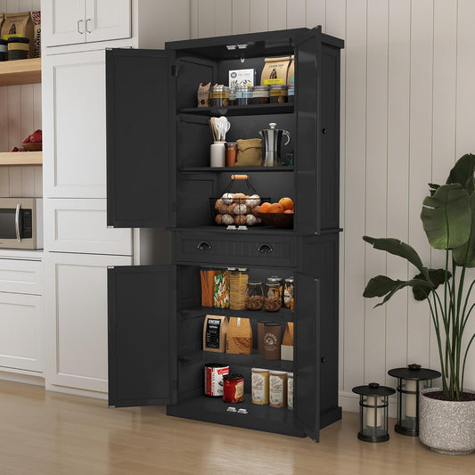 MROJISC Kitchen Pantry Cabinet, Tall Pantry Storage Cabinet with Drawer and Adjustable Shelves, Black Freestanding Cupboard for Kitchen, Dining Room and Living Room