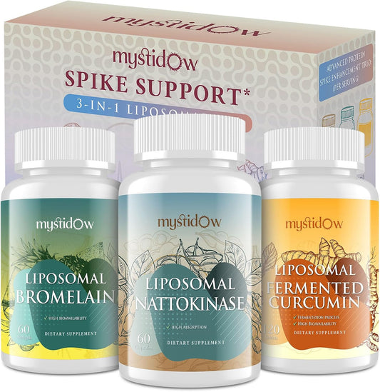 Spike Support Trio | Liposomal Nattokinase 8000 FU 500mg, Bromelain 1150 mg & Fermented Curcumin 1800 mg | High Potency, Enhanced Absorption Formula | for Immune, Heart & Circulatory| 60 Servings