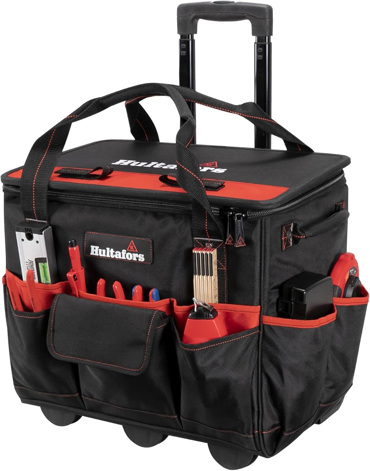 Hultafors Work Gear HT5572 Roller Tool Bag, 16 Pockets, Heavy Duty Ballistic Polyester Tool Carrier, Heavy Duty Threaded Wheels, Double Zipper Top, Telescoping Handle