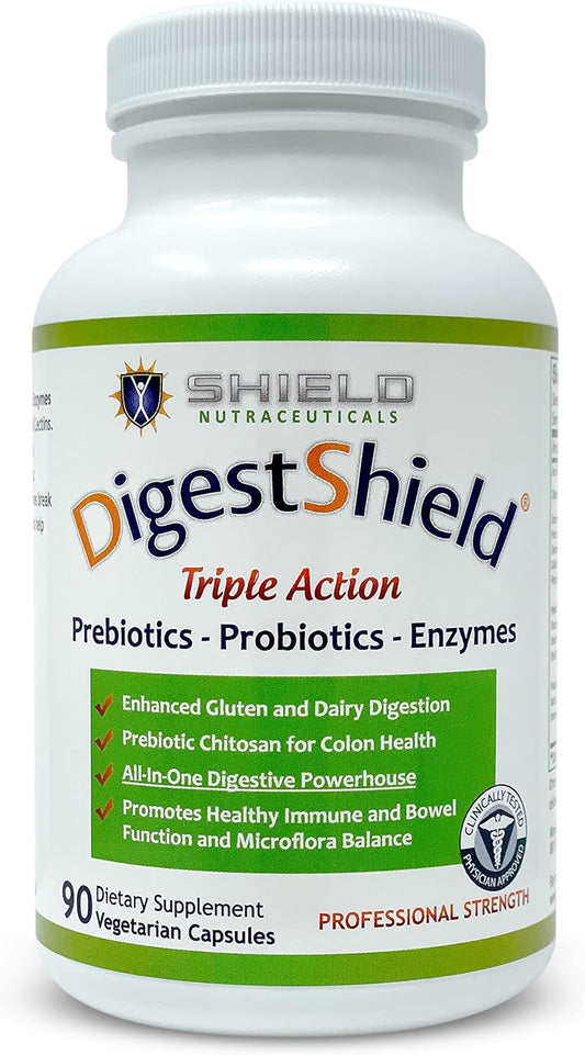 DigestShield® Probiotic & Prebiotic Supplement + Digestive Enzymes, Beat The Bloat, Safely Digest Dairy, Gluten and Processed Foods, Reduce Fat Absorption with Chitosan, 90-Meal Supply