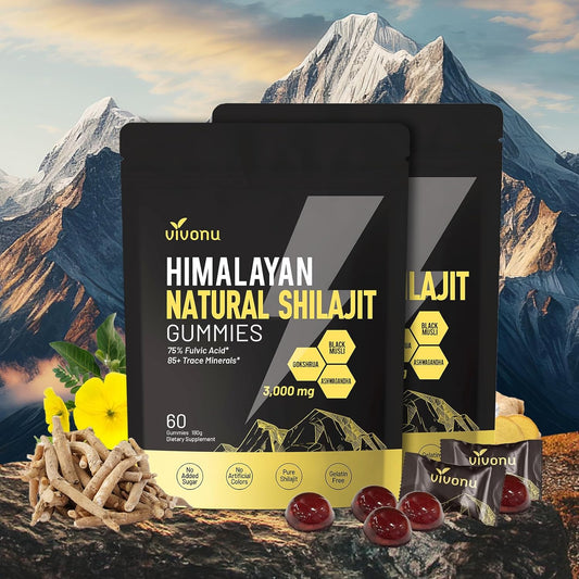 Himalayan Shilajit Gummies with Ashwagandha & Gokshura | 85+ Trace Minerals & Fulvic Acid | Organic, Non-GMO Micronutrient Supplement for Men & Women | 100% Pure & Natural