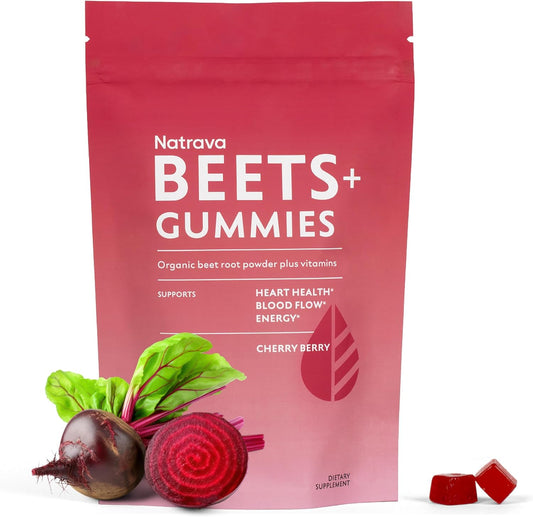 Beets+ Gummies - Organic Beet Root Powder, Grape Seed Extract and Vitamin C - Supports Healthy Blood Pressure and Heart Health - Low Sugar Nitric Oxide and Circulation Supplement - 60 Gummies