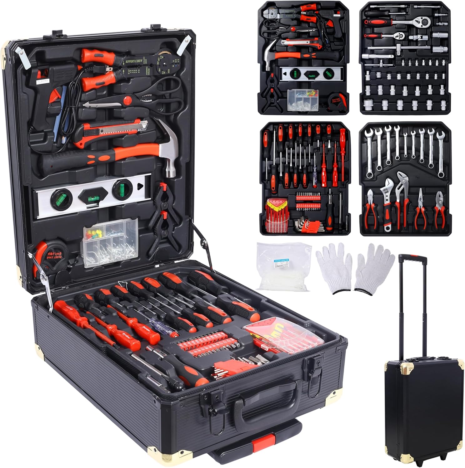 969pcs Home Repair Tool Set Kit for Men, Toolbox Storage Case with 4 Drawers, General Household Tool Kit with Rolling Tool Box, Tool Set Kit for Maintenance, Garden, Homeowner, Handyman -Black