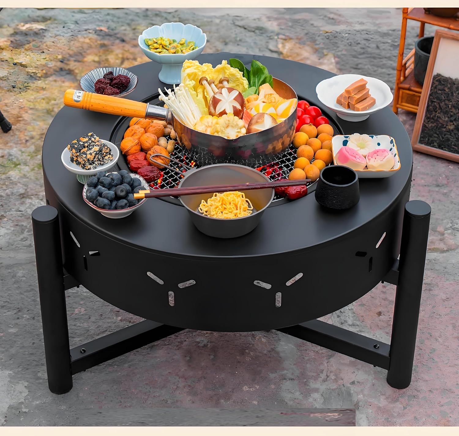 23.6-Inch 3-in-1 Fire Pit with BBQ Grill, Wood Burning Outdoor Firepit with Lid, Heavy Duty Metal Round Table for Patio, Bonfire, Picnic