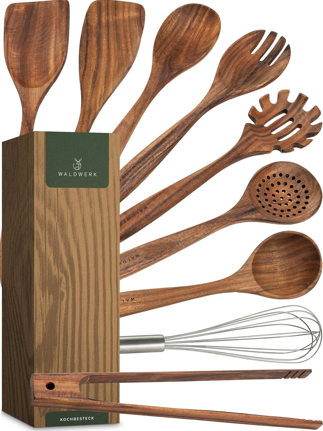 WALDWERK Wooden Spoons for Cooking \u2013 9-Piece Kitchen Utensils Set with Spatula, Tongs, Whisk, Wooden Spoons & Pasta Server \u2013 Wooden Utensil Set \u2013 Utensil Sets - Cooking Utensils - Non Toxic