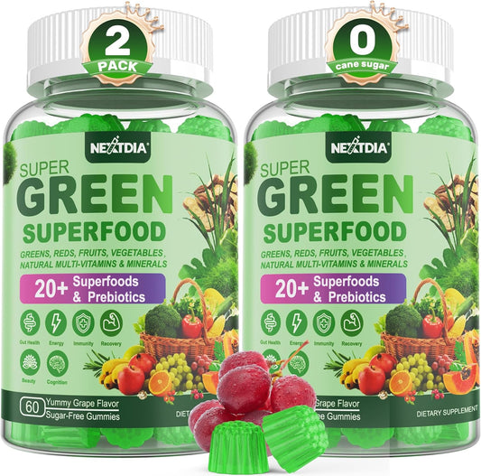 Super Greens Gummies, Greens Superfood Powder Alternative w\/Spirulina, Chlorella, Prebiotic Fiber, Probiotic, Fruit Veggie, Daily Fruit Vegetable for Digestive & Gut Health, Immunity, Focus, 120 Cts
